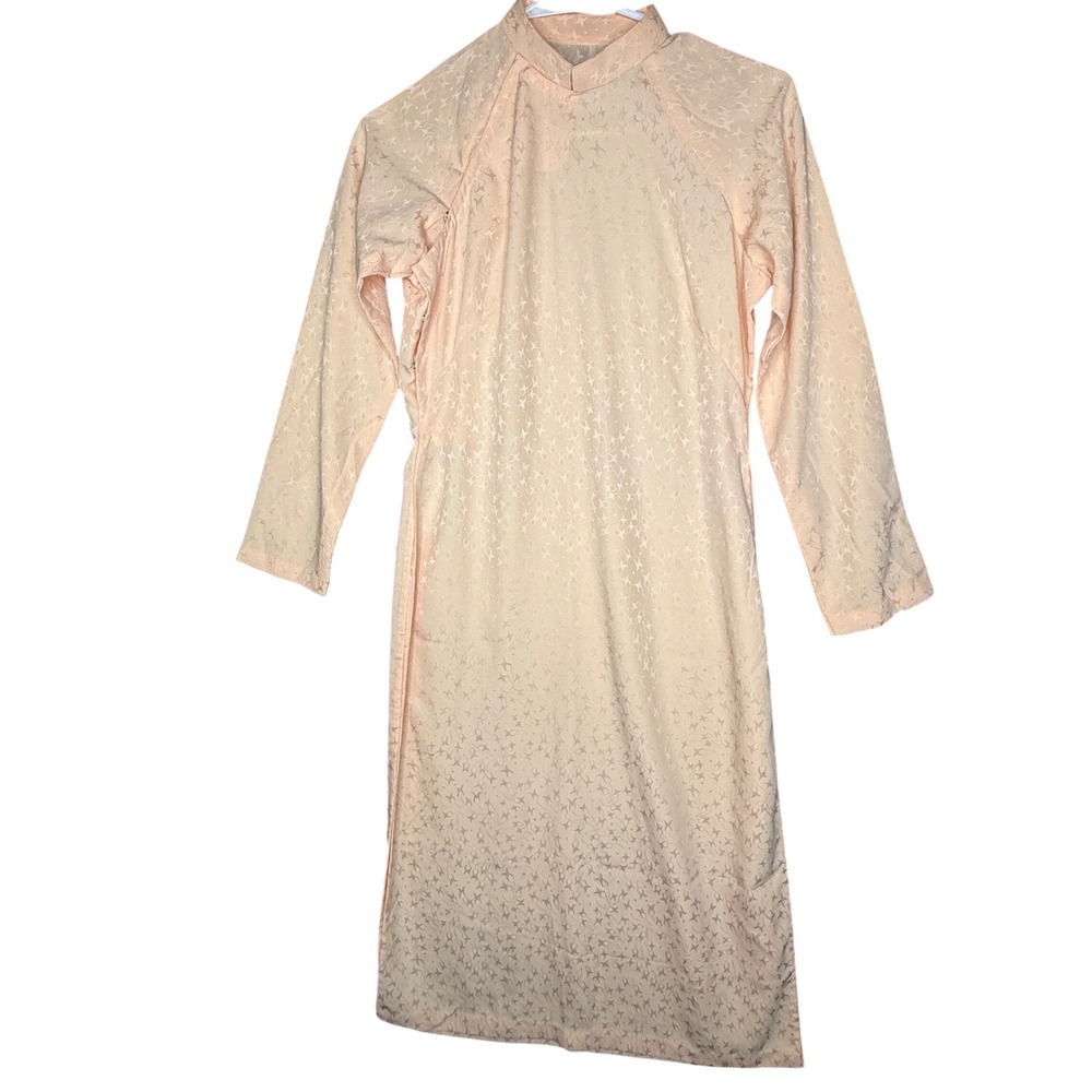 Vintage Peach Floral Jacquard Ao Dai Vietnamese Traditional Tunic Dress Peach